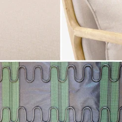 Poltrona scandinava a dondolo in legno e tessuto con braccioli