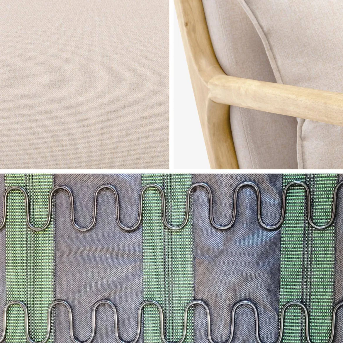 Poltrona scandinava a dondolo in legno e tessuto con braccioli