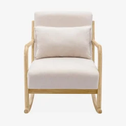 Poltrona scandinava a dondolo in legno e tessuto con braccioli