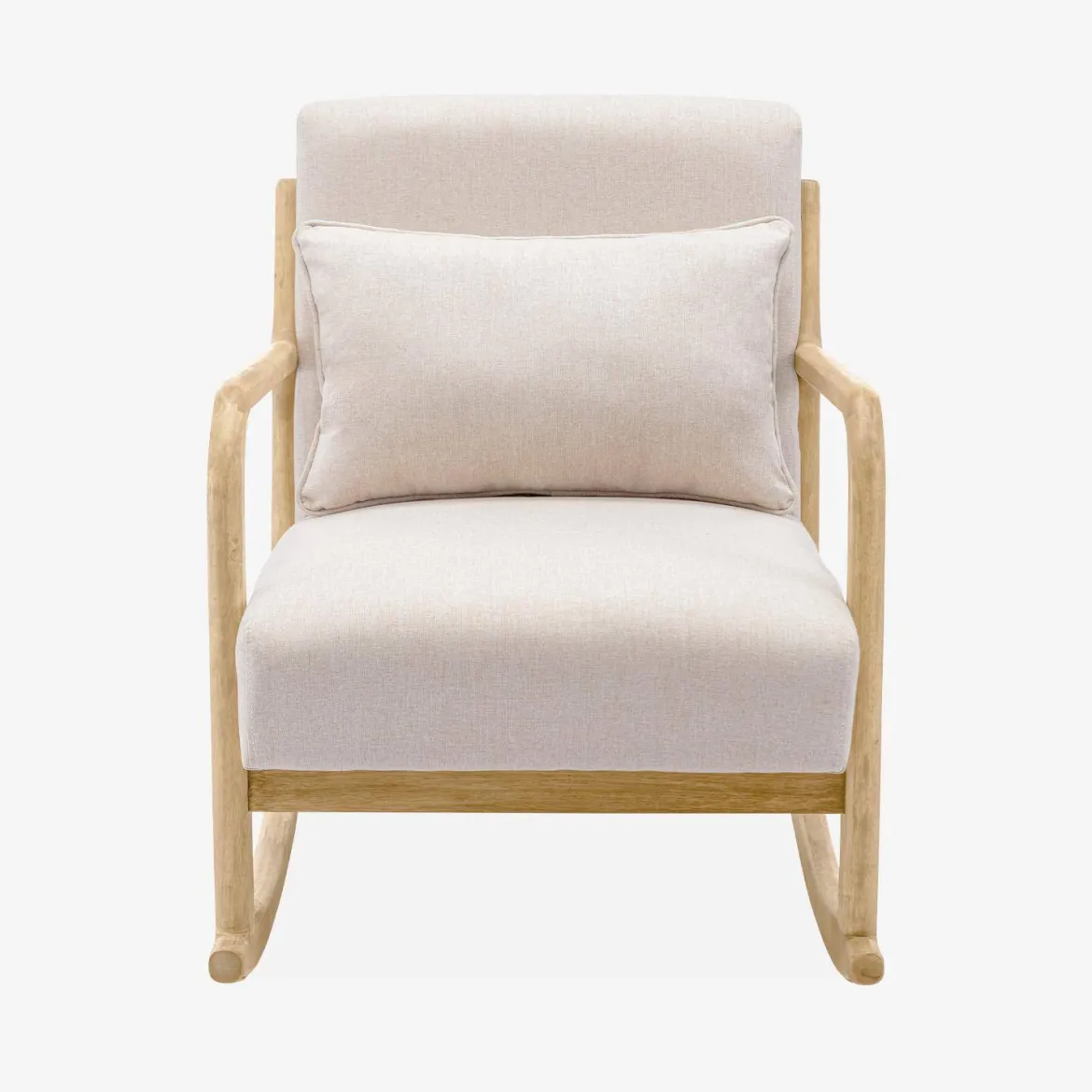 Poltrona scandinava a dondolo in legno e tessuto con braccioli