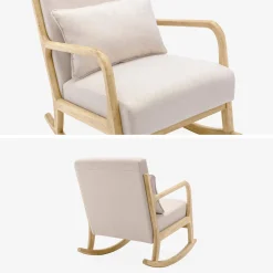 Poltrona scandinava a dondolo in legno e tessuto con braccioli