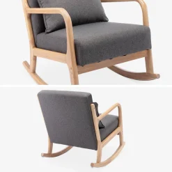 Poltrona scandinava a dondolo in legno e tessuto con braccioli