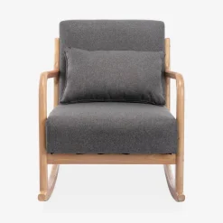 Poltrona scandinava a dondolo in legno e tessuto con braccioli