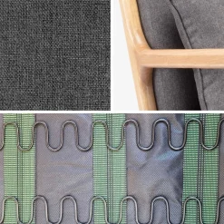 Poltrona scandinava a dondolo in legno e tessuto con braccioli