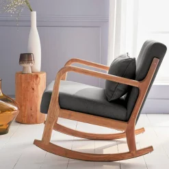 Poltrona scandinava a dondolo in legno e tessuto con braccioli