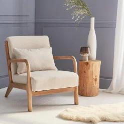Poltrona scandinava in legno e tessuto con braccioli