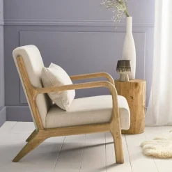 Poltrona scandinava in legno e tessuto con braccioli