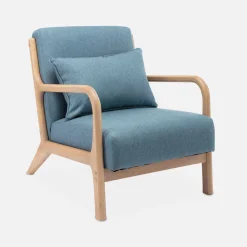 Poltrona scandinava in legno e tessuto con braccioli