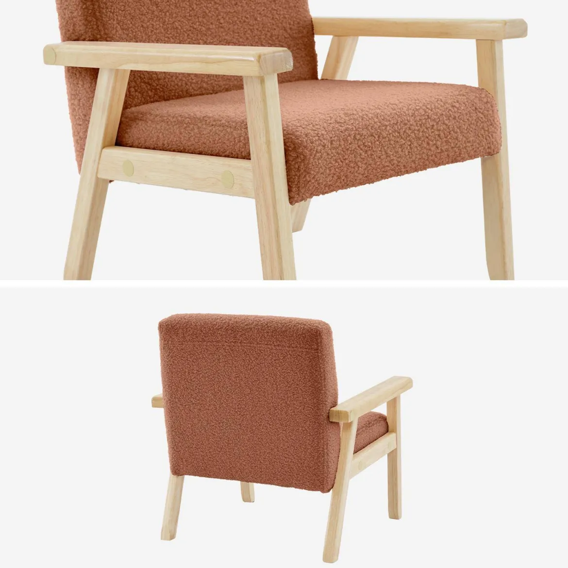 Poltrona scandinava per bambini in tessuto bouclé e legno di hevea