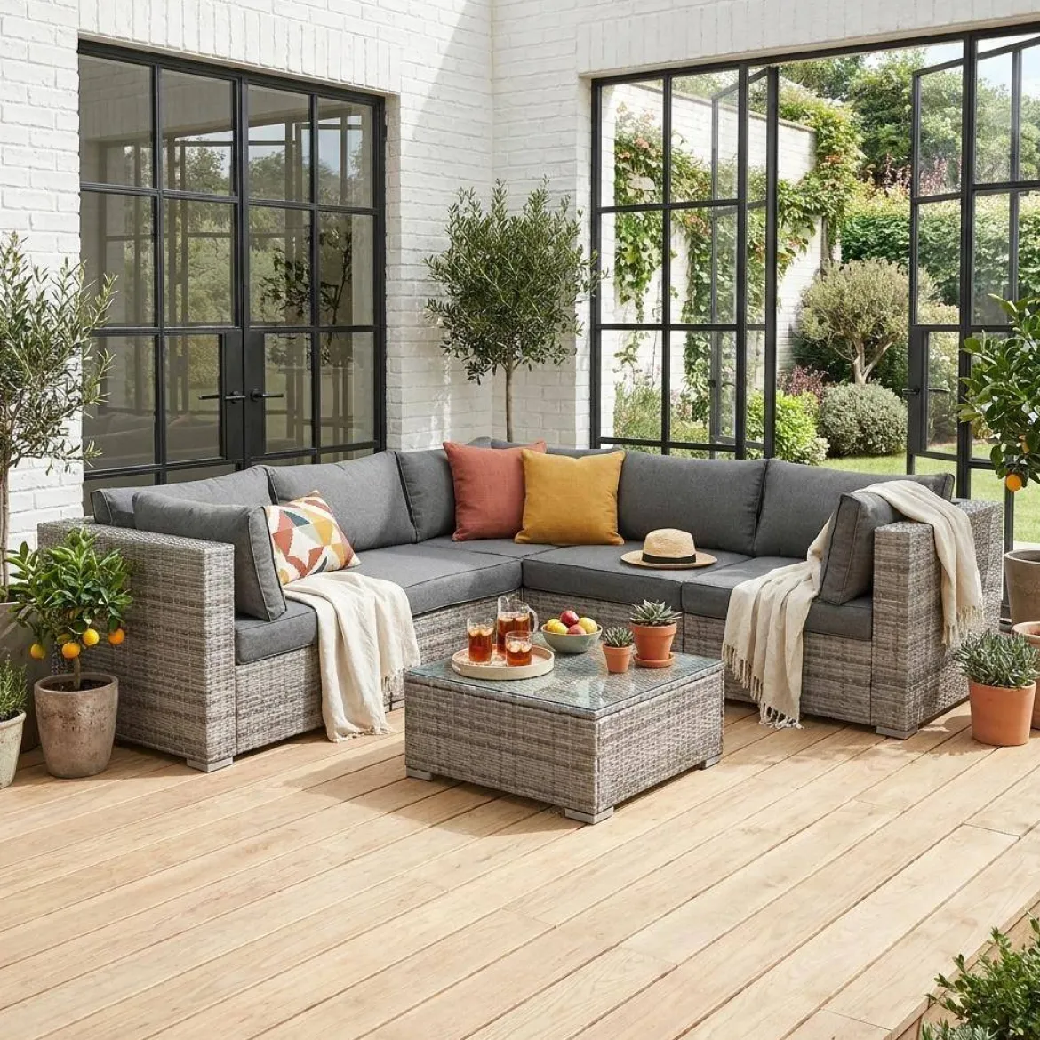 Salotto da giardino angolare in resina intrecciata, 5 posti