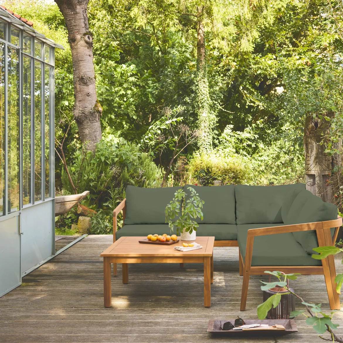 Salotto da giardino angolare in acacia, 5 posti