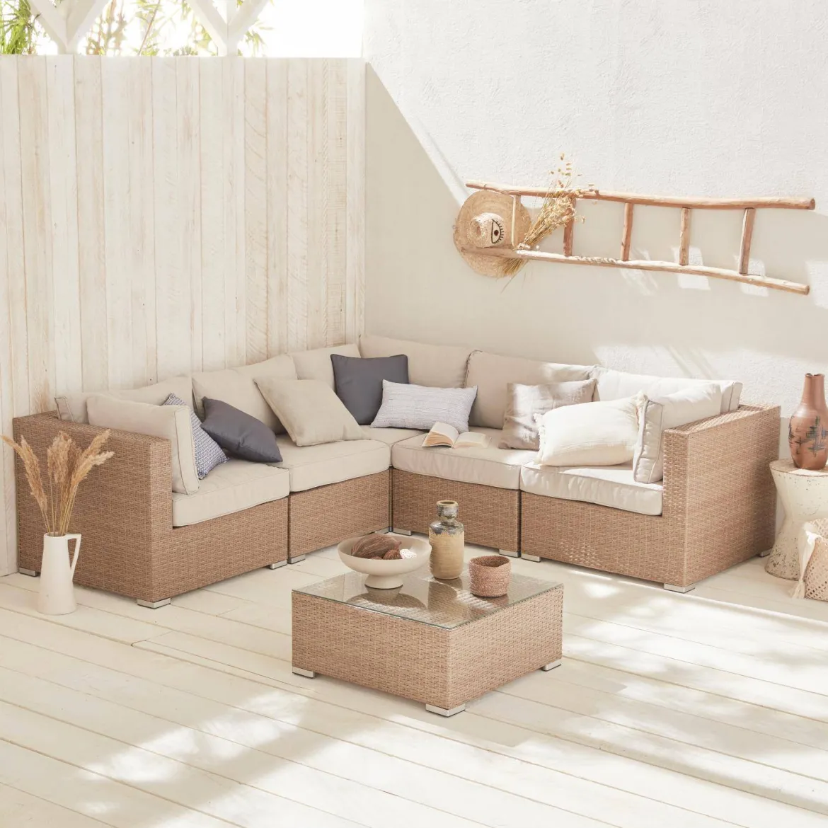 Salotto da giardino angolare in resina intrecciata, 5 posti