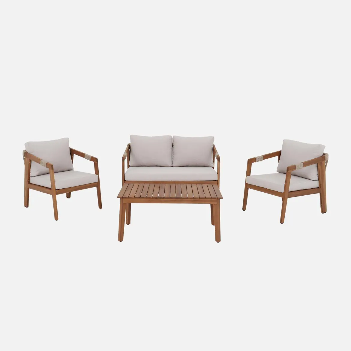 Salotto da giardino in acacia con corde, 4 posti