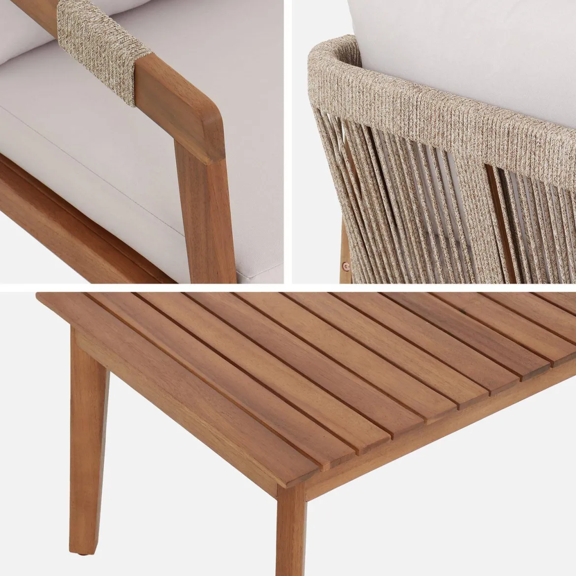 Salotto da giardino in acacia con corde, 4 posti