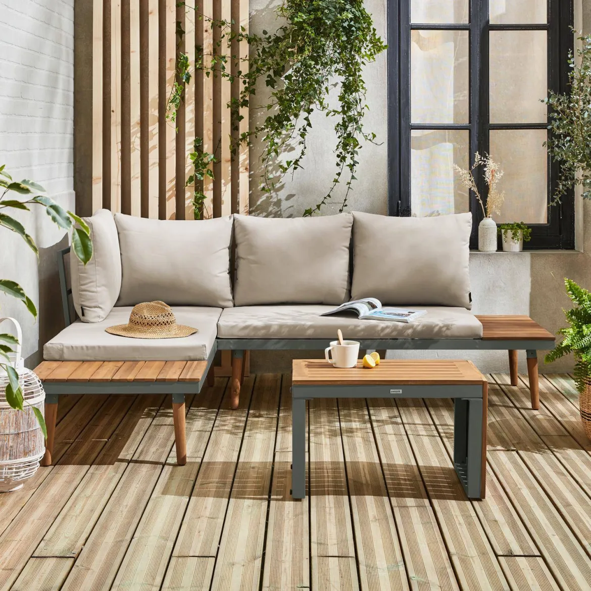 Salotto da giardino in alluminio e acacia, 4 posti