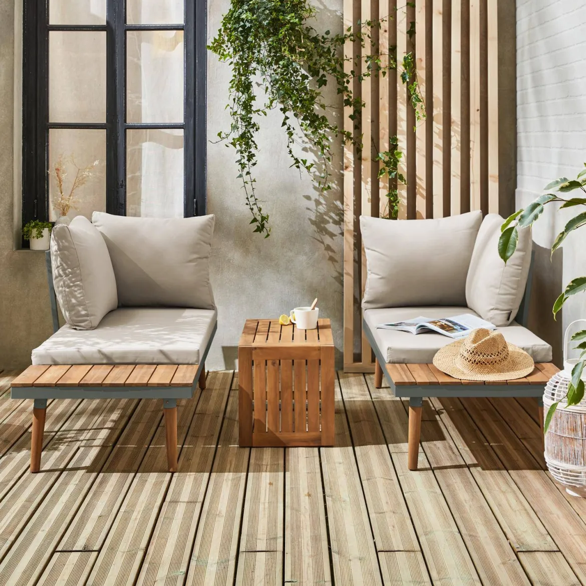 Salotto da giardino in alluminio e acacia, 4 posti