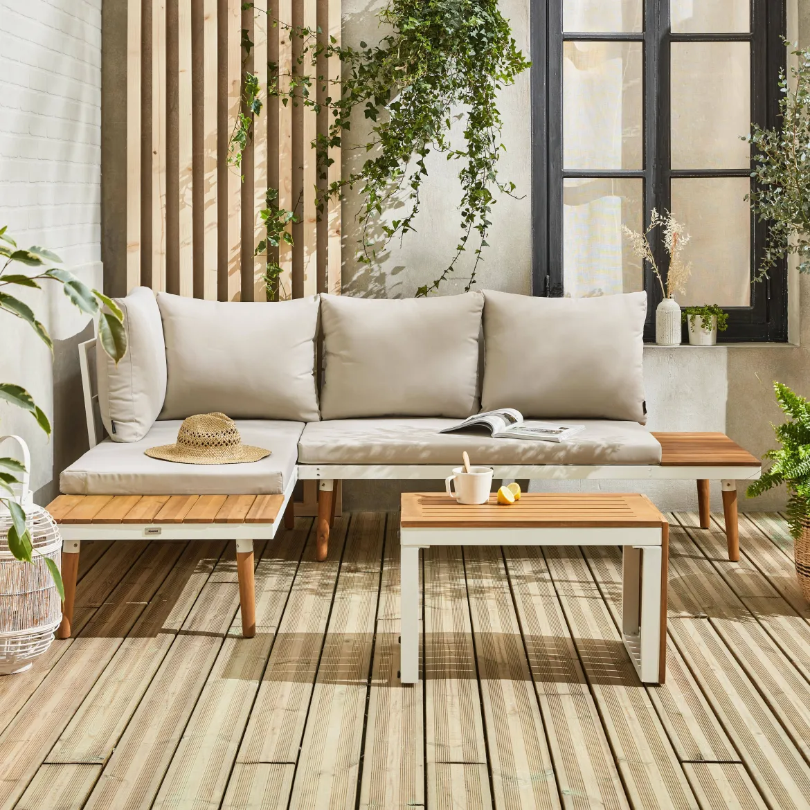 Salotto da giardino in alluminio e acacia, 4 posti