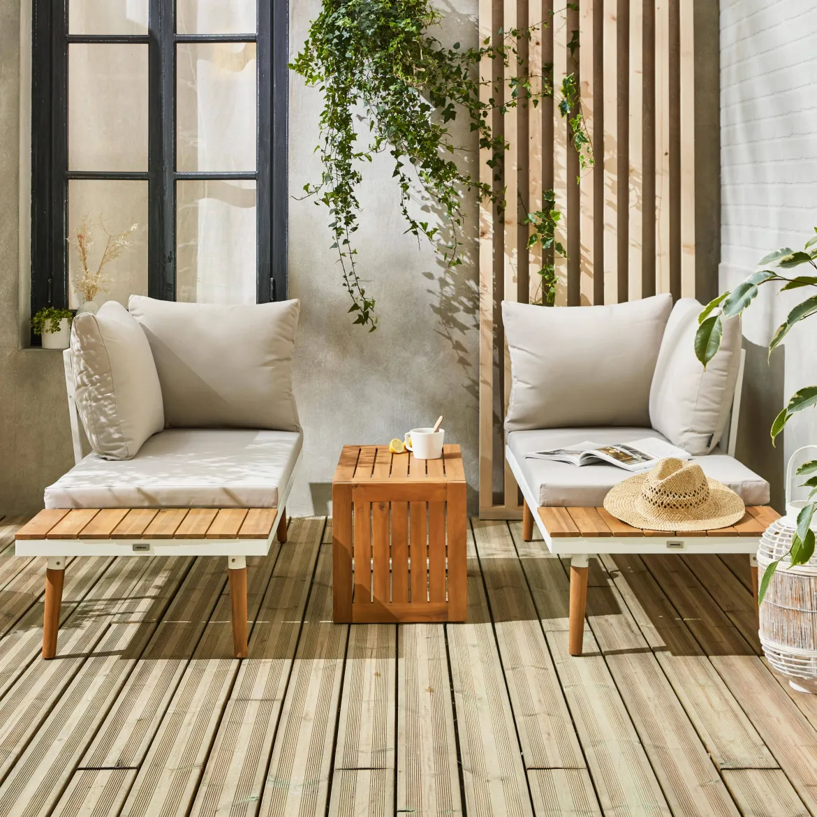 Salotto da giardino in alluminio e acacia, 4 posti