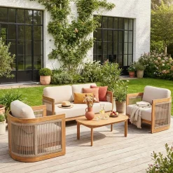 Salotto da giardino in legno di acacia e corde, 4 posti