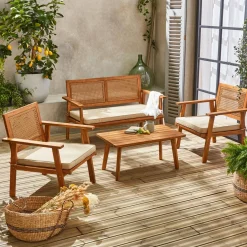 Salotto da giardino in legno e canna, 4 posti