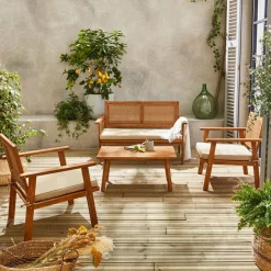 Salotto da giardino in legno e canna, 4 posti