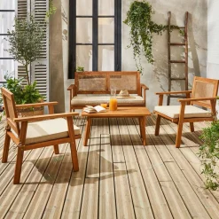 Salotto da giardino in legno e canna rotonda, 4 posti