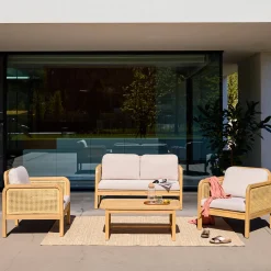 Salotto da giardino in legno di acacia e canna intrecciata, 4 posti