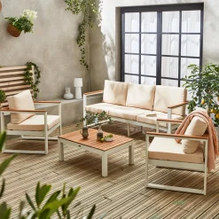 Salotto da giardino in legno di eucalipto e alluminio, 5 posti