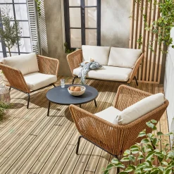 Salotto da giardino in resina intrecciata effetto rattan, 4 posti