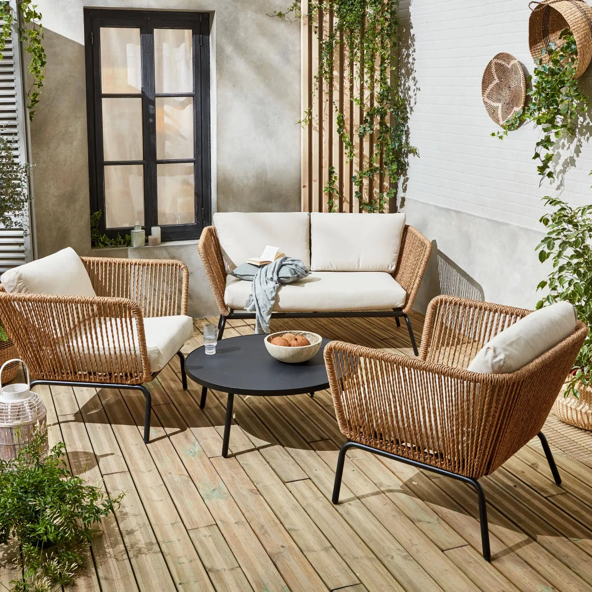 Salotto da giardino in resina intrecciata effetto rattan, 4 posti