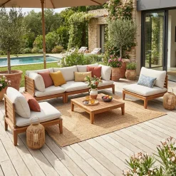 Salotto da giardino modulare in legno di acacia e bouclé, 5 posti