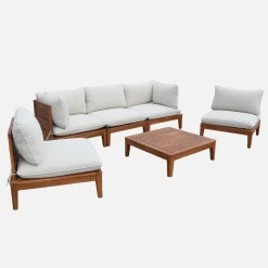 Salotto da giardino modulare in legno di acacia e bouclé, 5 posti