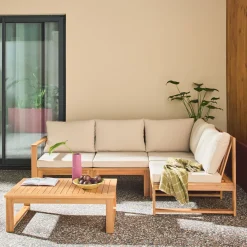 Salotto da giardino modulare in legno di acacia e tessuto beige, 4 posti