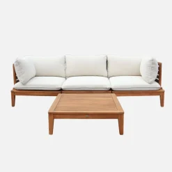 Salotto da giardino modulare in legno di acacia e bouclé, 3 posti