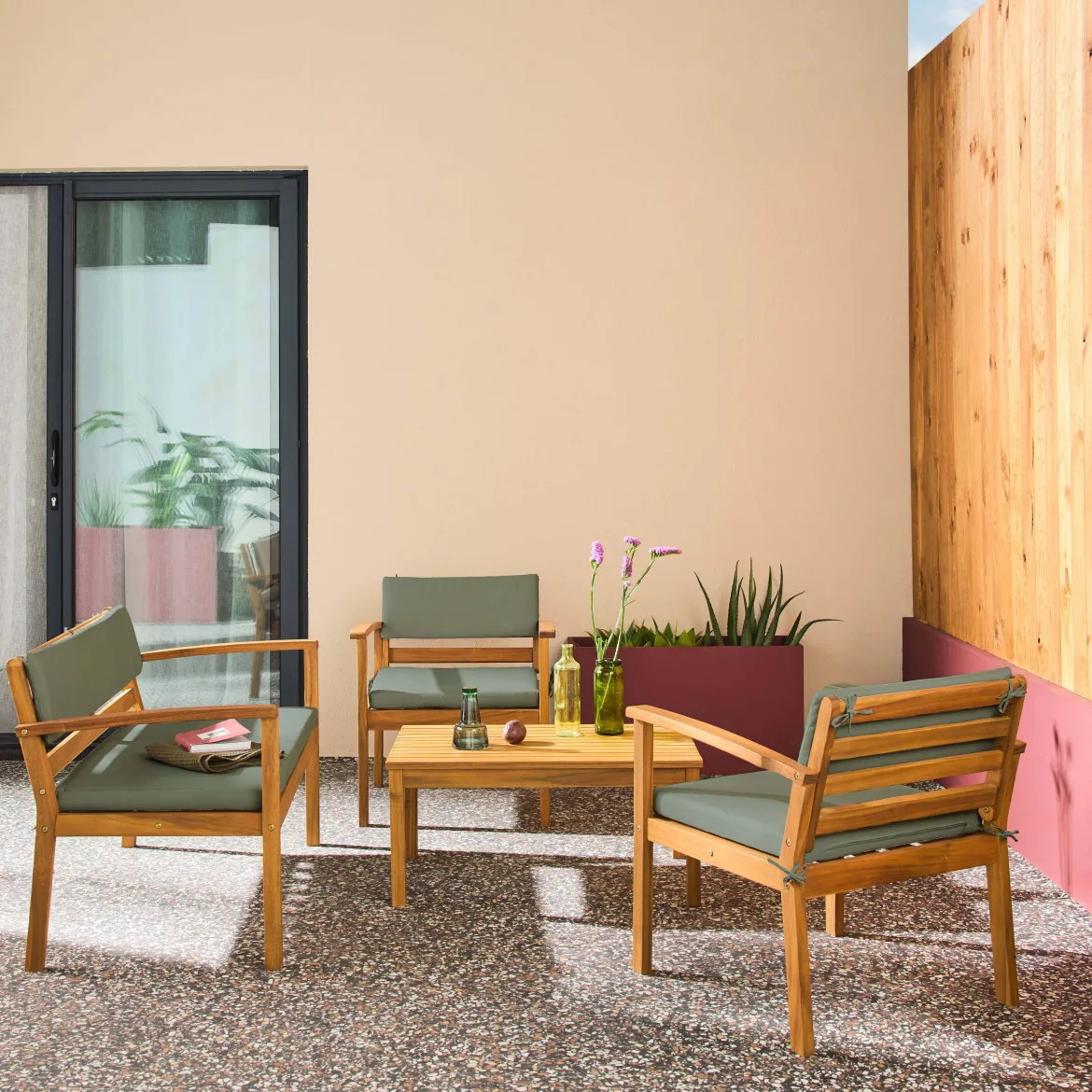Salotto da giardino in legno di acacia, 4 posti
