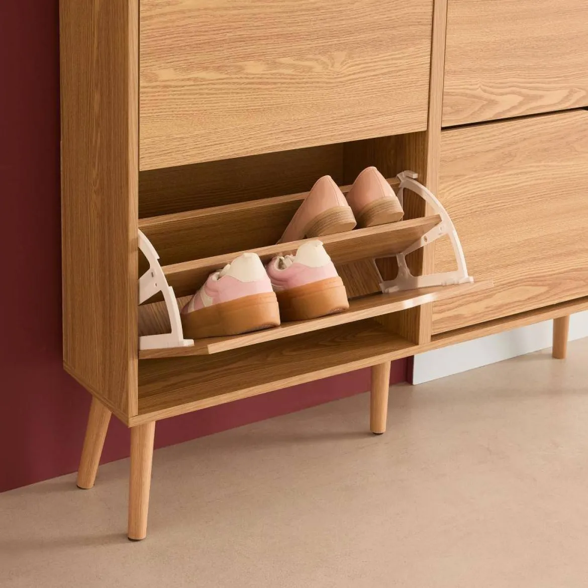 Scarpiera con decoro effetto legno, 4 ante