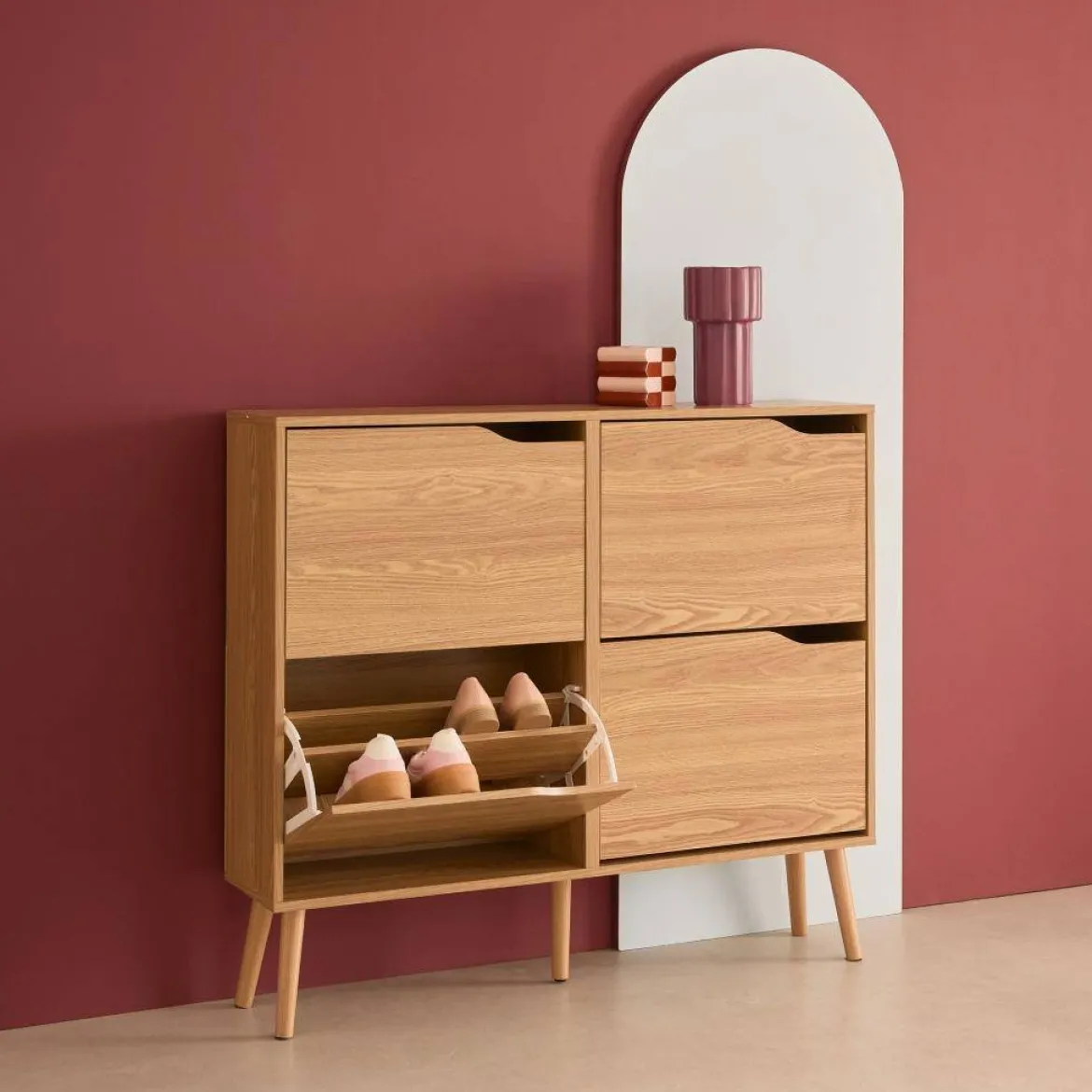 Scarpiera con decoro effetto legno, 4 ante