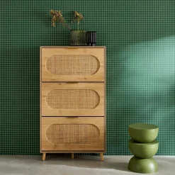 Scarpiera con decoro in legno e canna, 3 ante