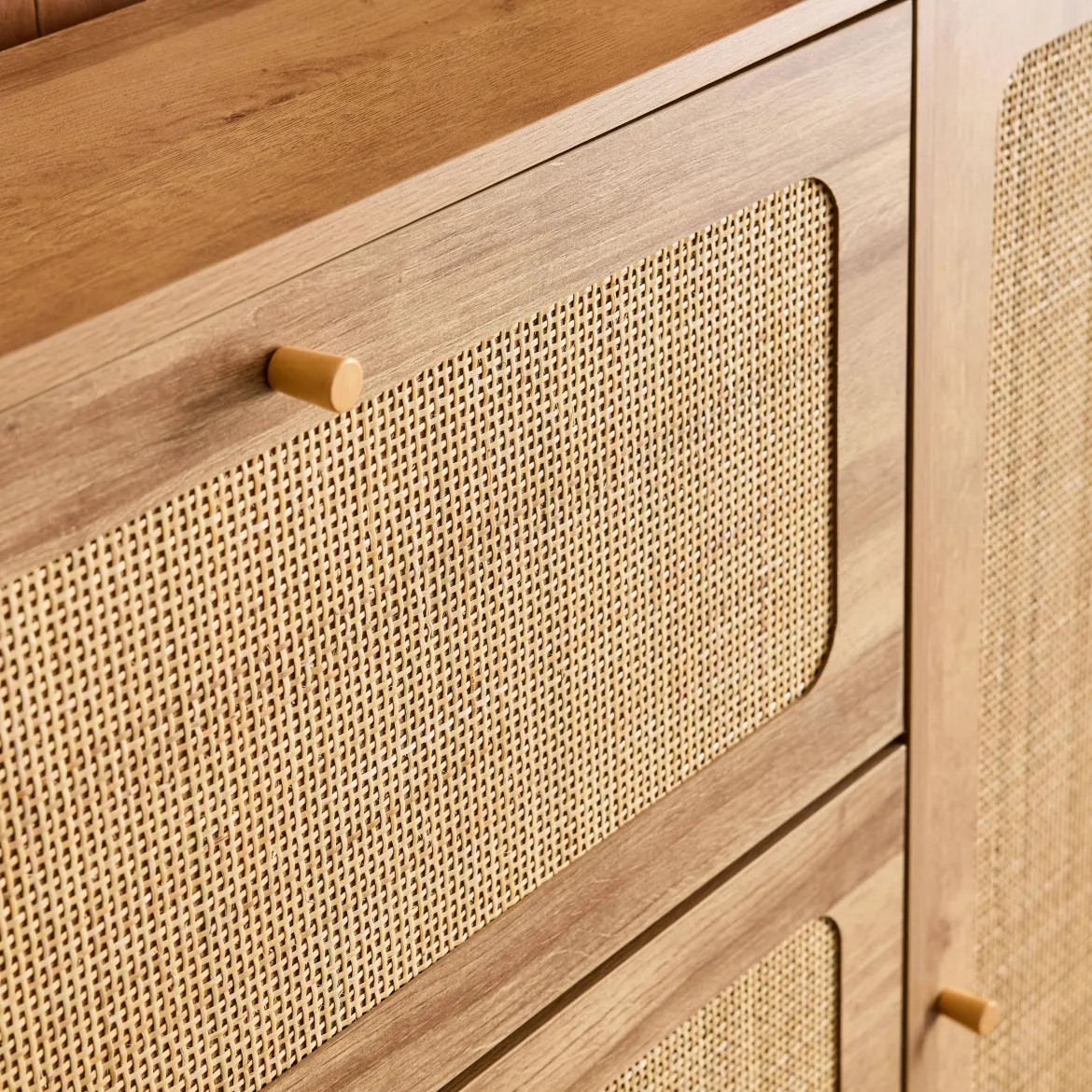 Scarpiera con decoro in legno e canna, 3 ante