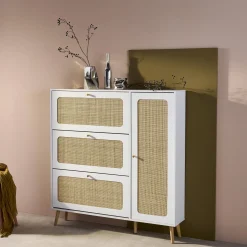 Scarpiera con decoro in legno e canna, 3 ante