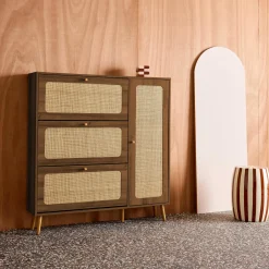 Scarpiera con decoro in legno e canna, 3 ante