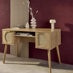 Scrivania effetto legno e cannage 2 cassetti