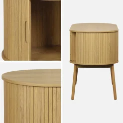 Scrivania ovale con effetto legno scanalato e due vani portaoggetti, 120cm