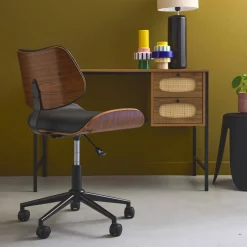 Sedia da ufficio con rotelle, effetto legno curvato e similpelle