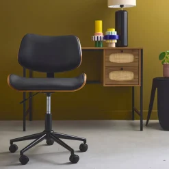 Sedia da ufficio con rotelle, effetto legno curvato e similpelle
