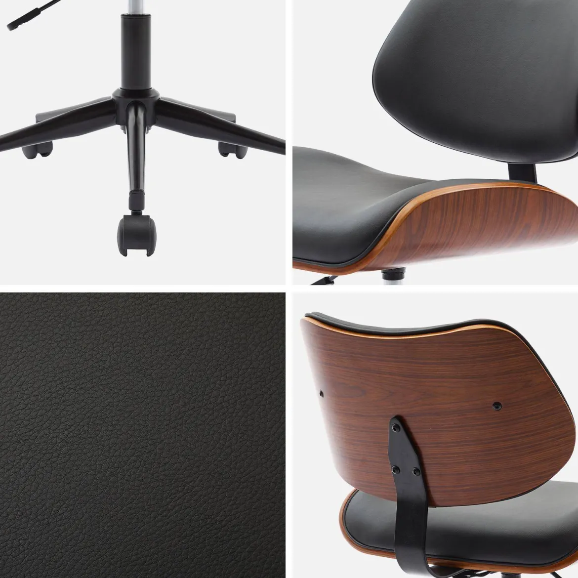 Sedia da ufficio con rotelle, effetto legno curvato e similpelle