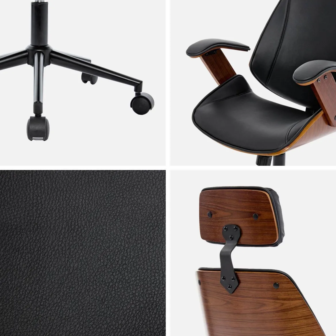 Sedia da ufficio con rotelle, effetto legno curvato e similpelle