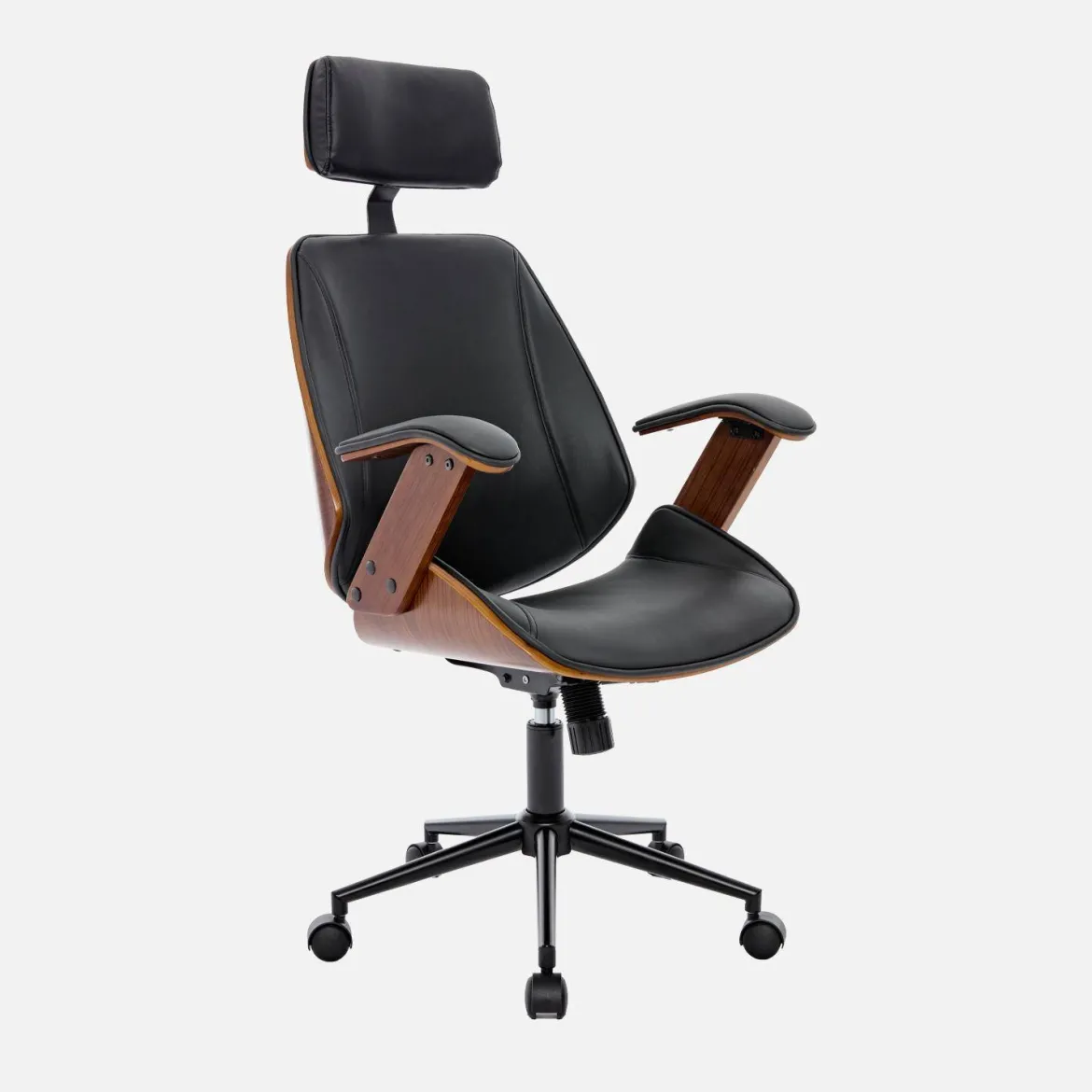 Sedia da ufficio con rotelle, effetto legno curvato e similpelle
