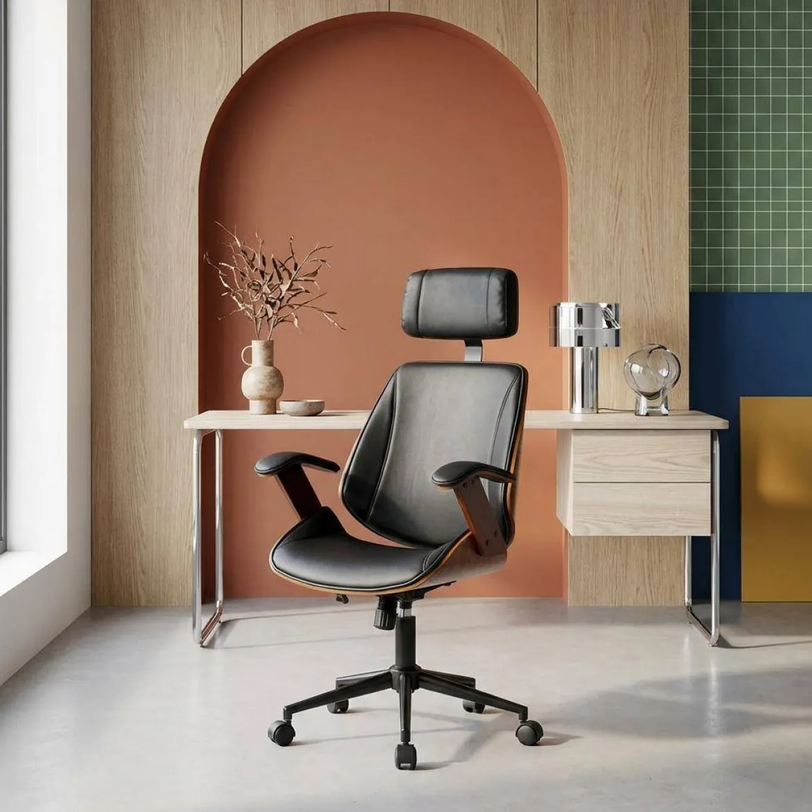 Sedia da ufficio con rotelle, effetto legno curvato e similpelle
