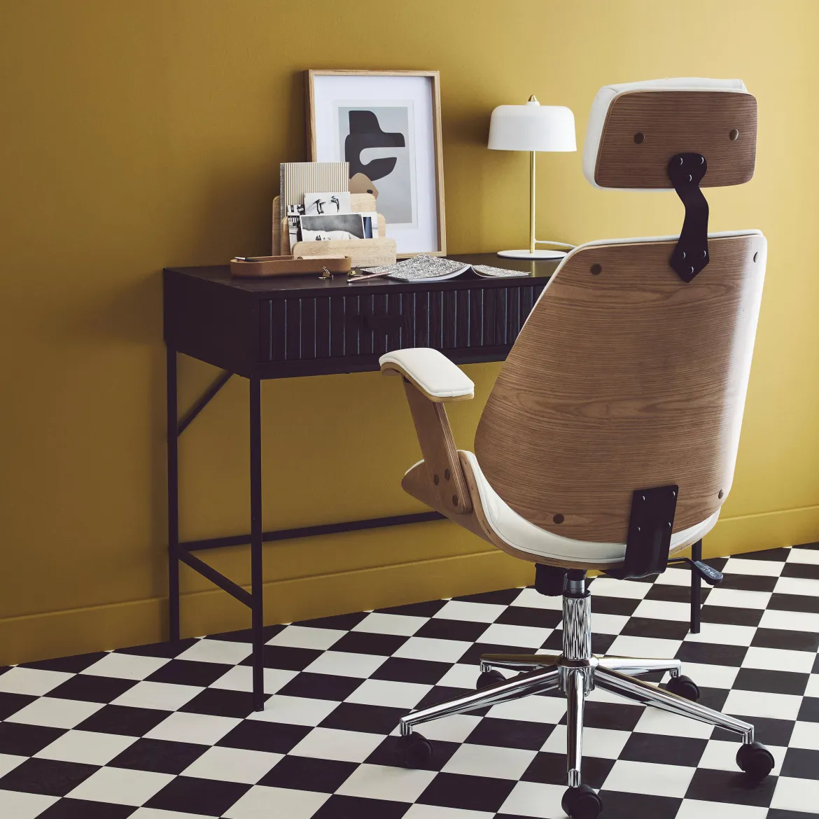 Sedia da ufficio con rotelle, effetto legno curvato e similpelle